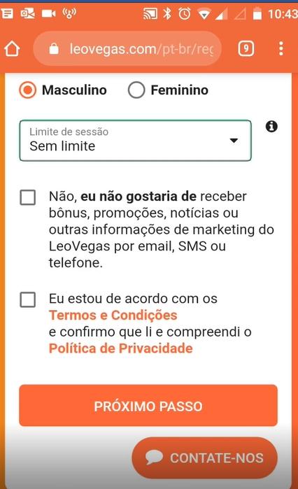 Agora complete com seu sexo, clique para opções de bônus e marketing e aceitar os Termos e Condições.