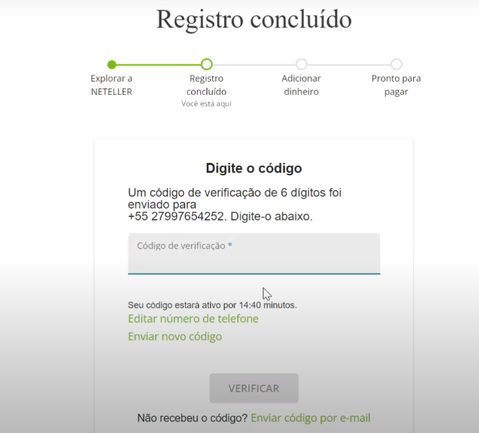 Clique em Avançar, e na próxima página, digite o PIN recebido no seu celular. Para finalizar a verificação, clique em “Verificar” e siga para a etapa de depósito.