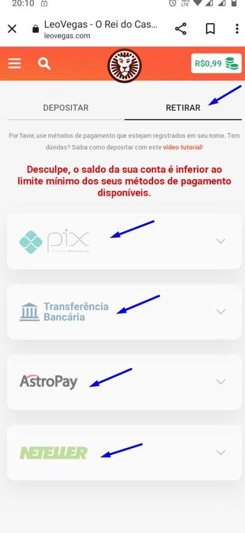 Clique na opção “Retirar” e escolha o método desejado, insira o valor e clique em retirar.