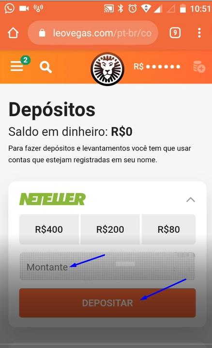 Escolha o método de pagamento desejado, no caso escolhemos o NETELLER, insira o valor e clique em Depositar