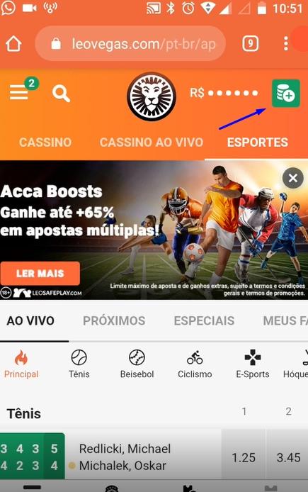 Faça Login na sua conta do cassino e clique no ícone correspondente a área financeira
