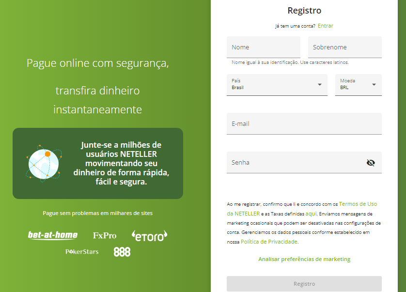 Na nova página que se abriu, você terá acesso a um formulário. Preencha as informações: Nome, Sobrenome, País e Moeda, E-mail e Senha. Ao terminar, clique em “Registro”, na parte inferior da tela. É também possível que peçam para verificar o e-mail antes do novo formulário.