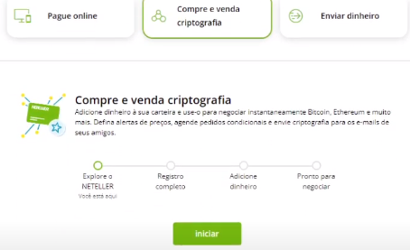 Na tela, você verá três opções. Escolha “Pagar online” e clique em “iniciar”. Nessa parte, complete suas informações e faça um valor mínimo de depósito requerido pela Neteller para abrir a sua conta.