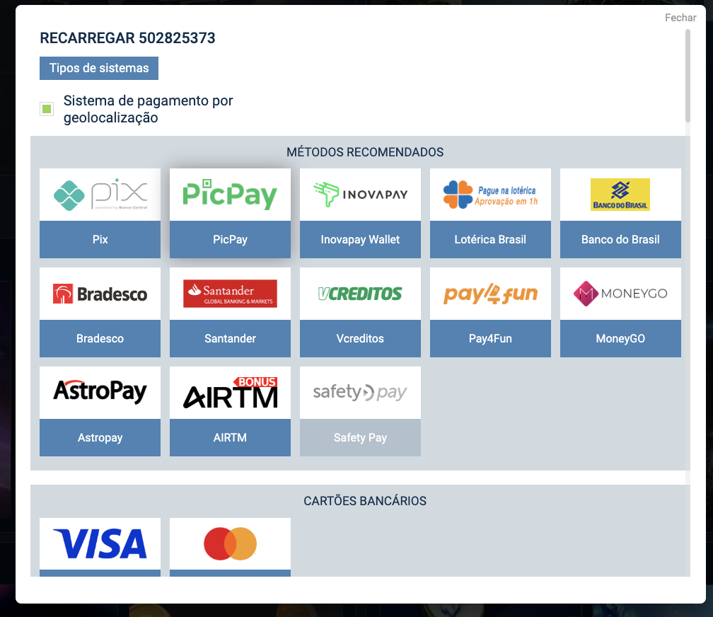 Vá até a seção "Caixa" ou "Depósito" e observe o depósito mínimo de R$ 10 ou menos em alguns cassinos.